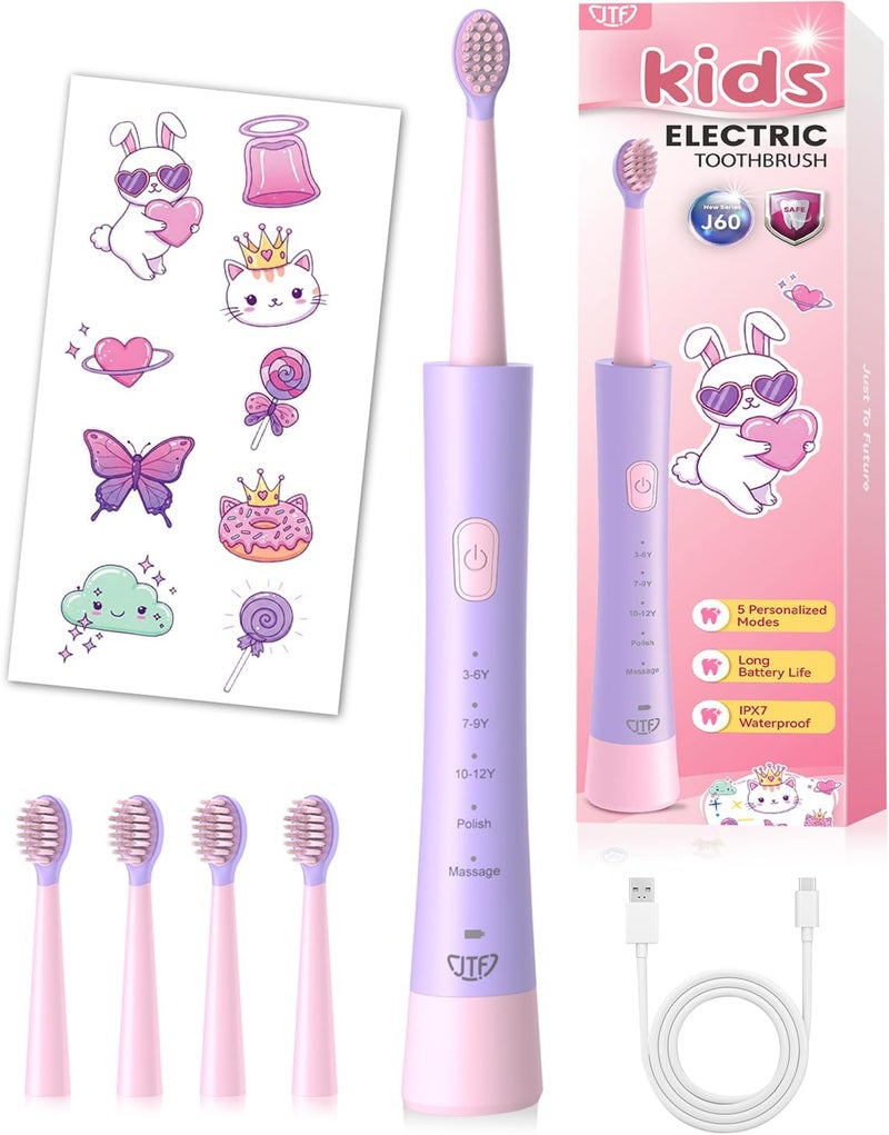 JTF Kids Electric Toothbrush Rechargeable: Sonic Tooth Brush with Smart Timer 5 Brushing Modes 4 Soft Brush Heads IPX7 Waterproof and DIY Sticker, Portable Pink Children Toothbrushes for Girl, Ages 3+ - Image 1